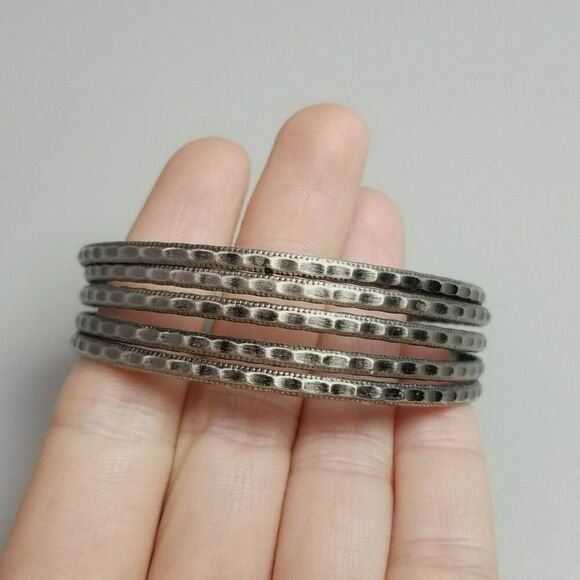 Vintage Silver Tone Layered Cuff Bangle Bracelet, Textured Design, Estate - Picture 2 of 7